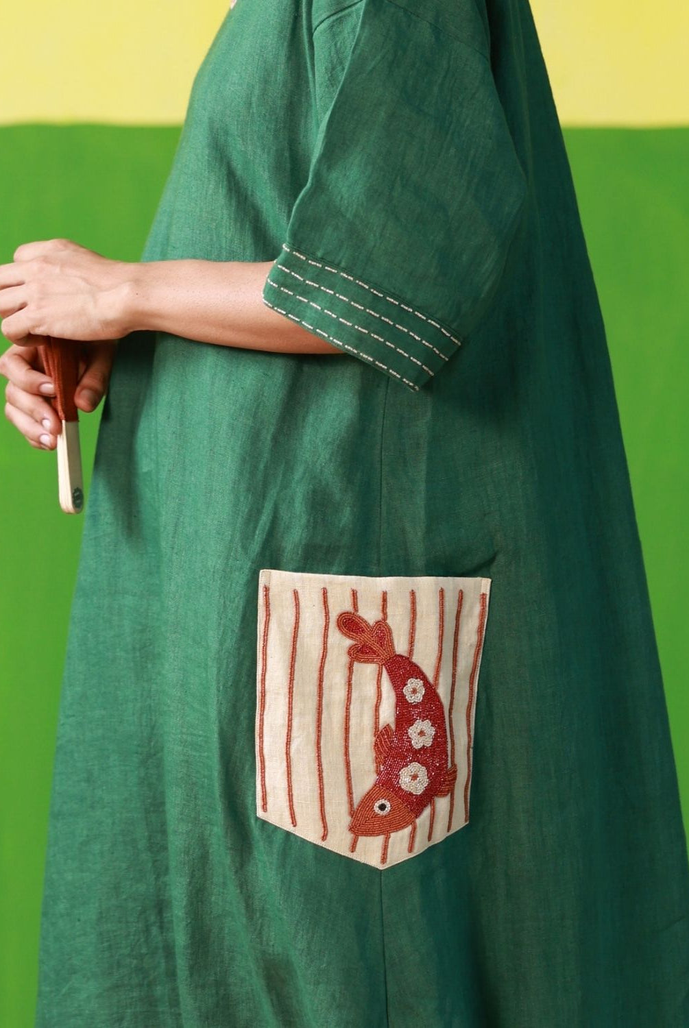 Winglore - Hand Embroidered Green Linen Kaftan Dress - CiceroniDressesWinglore