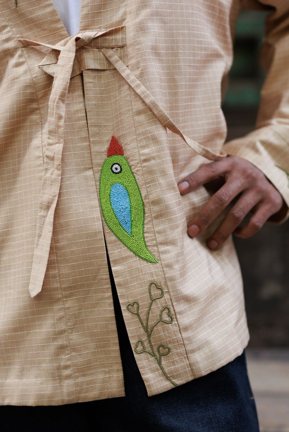 Winglore - Hand Embroidered Kosa Silk Birds Cape in Natural Honey Tone - CiceroniJacketsWinglore