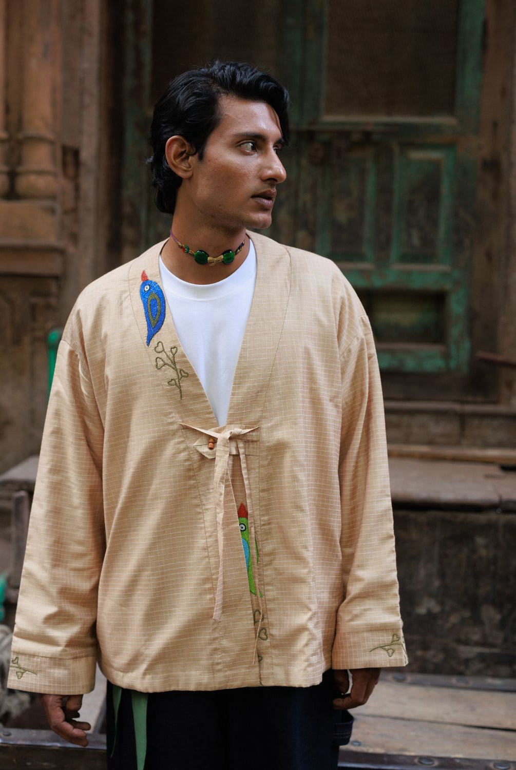 Winglore - Hand Embroidered Kosa Silk Birds Cape in Natural Honey Tone - CiceroniJacketsWinglore