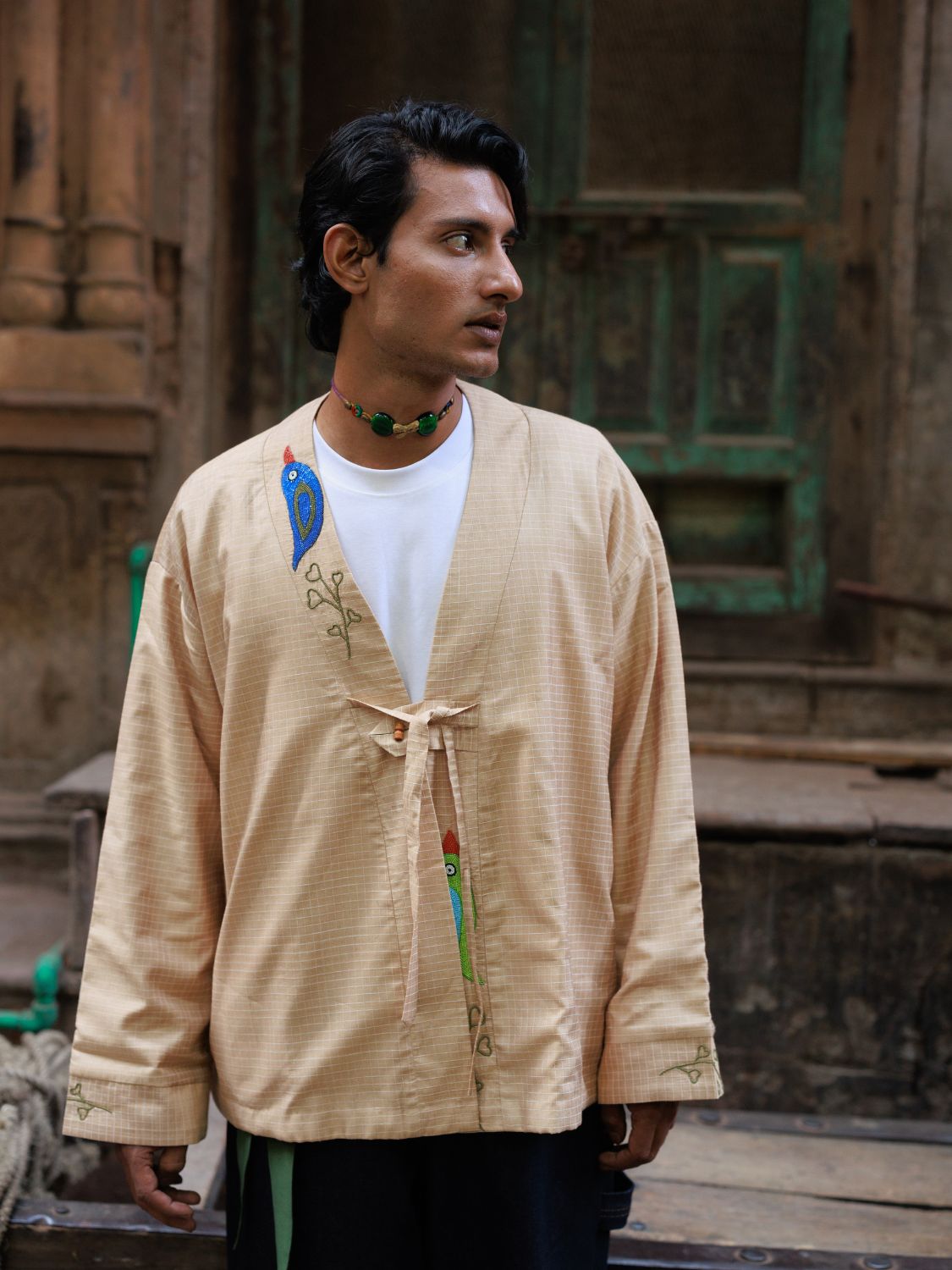 Winglore - Hand Embroidered Kosa Silk Birds Cape in Natural Honey Tone - CiceroniJacketsWinglore