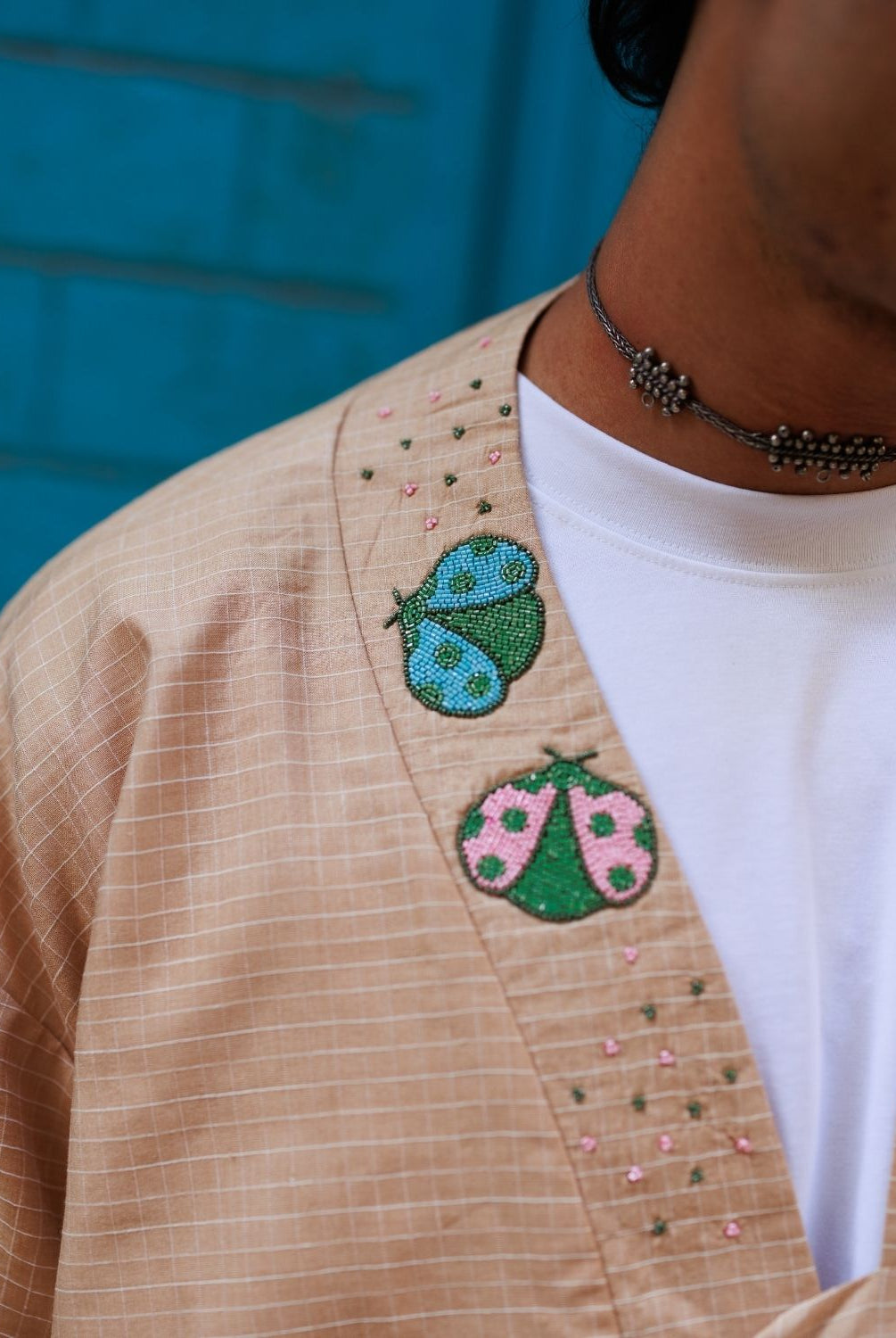 Winglore - Hand Embroidered Kosa Silk Ladybug Luck Cape in Natural Honey Tone - CiceroniJacketsWinglore