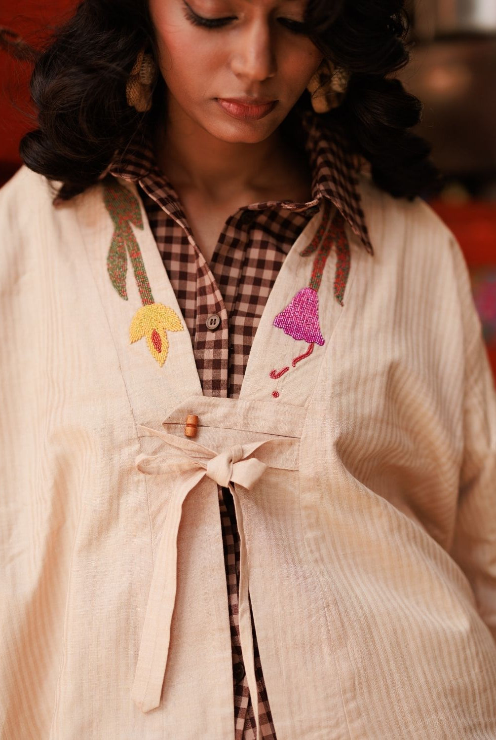 Winglore - Hand Embroidered Kosa Silk Quiet Bloom Cape in Natural Honey Tone - CiceroniJacketsWinglore