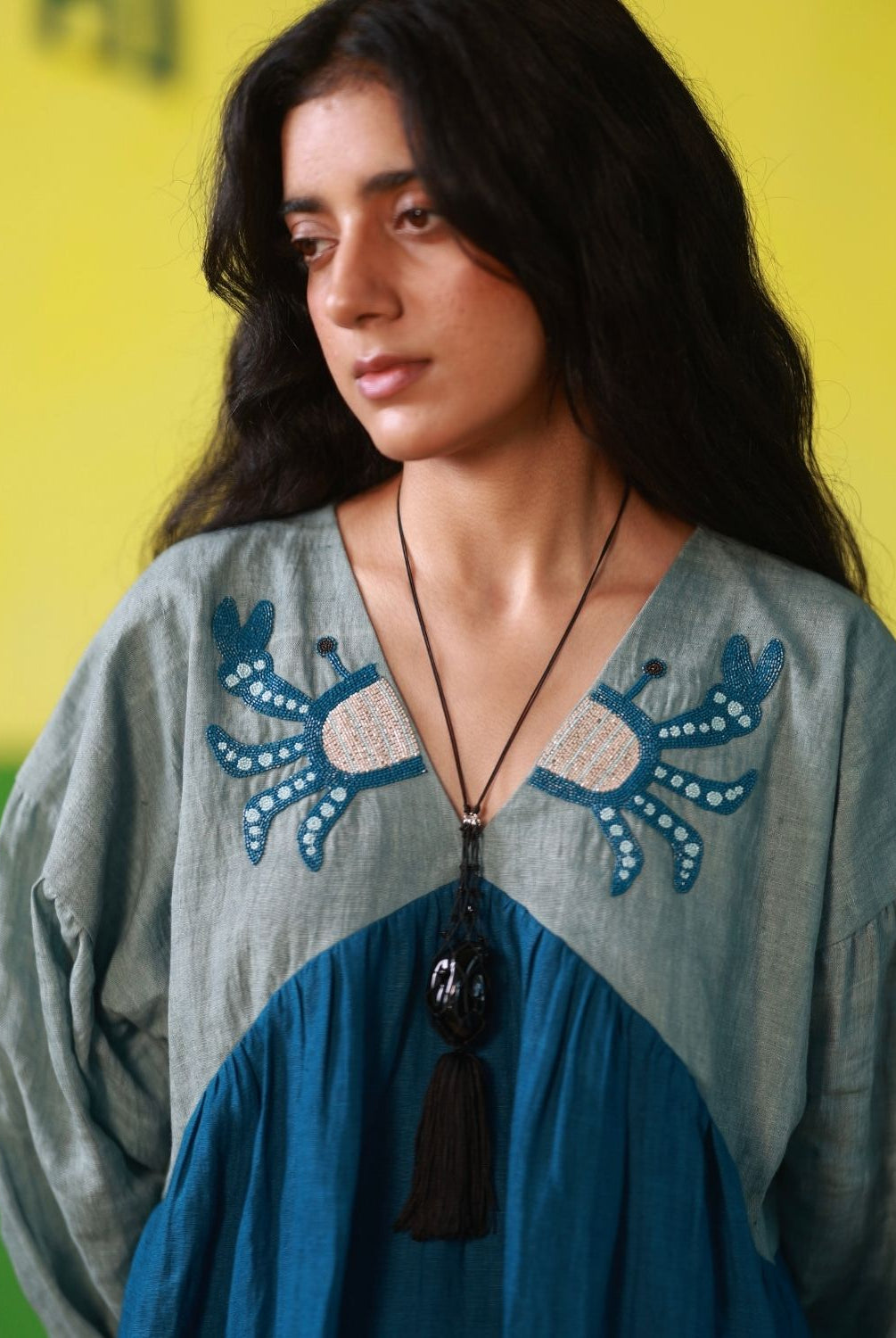 Winglore - Hand Embroidered Linen Crabby V-Neck Dress - CiceroniDressesWinglore
