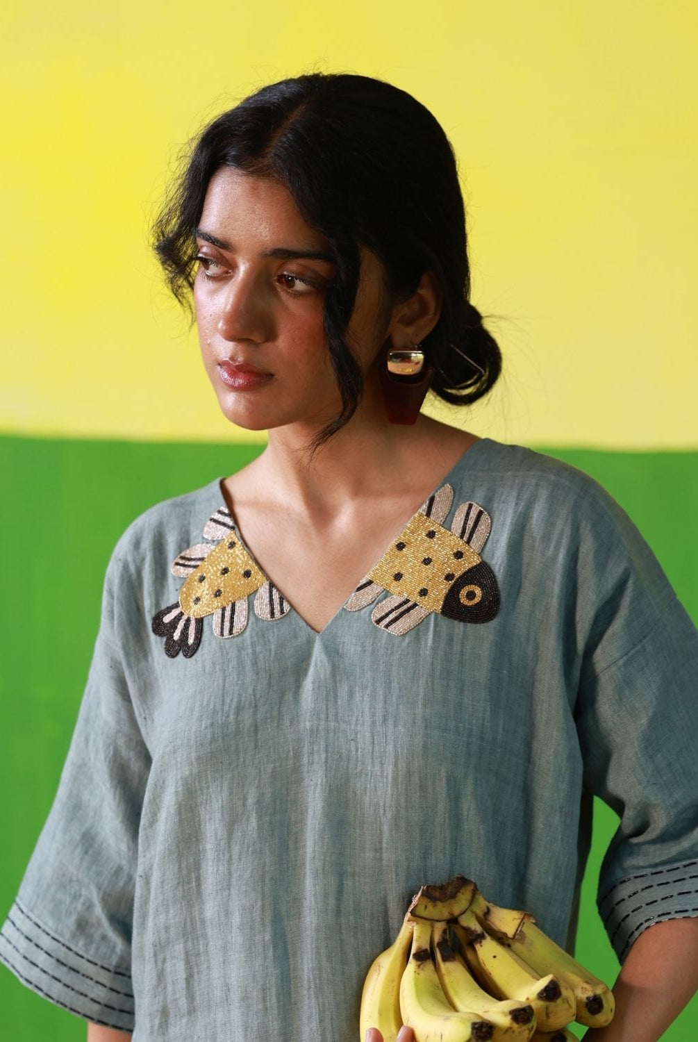 Winglore - Hand Embroidered Oil Blue Linen Kaftan Dress - CiceroniDressesWinglore