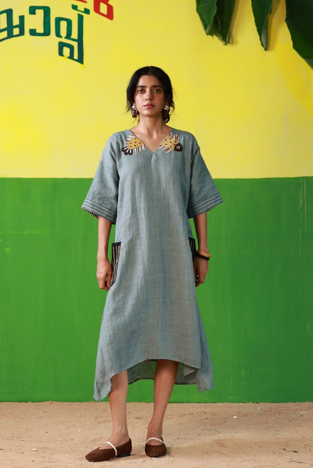 Winglore - Hand Embroidered Oil Blue Linen Kaftan Dress - CiceroniDressesWinglore