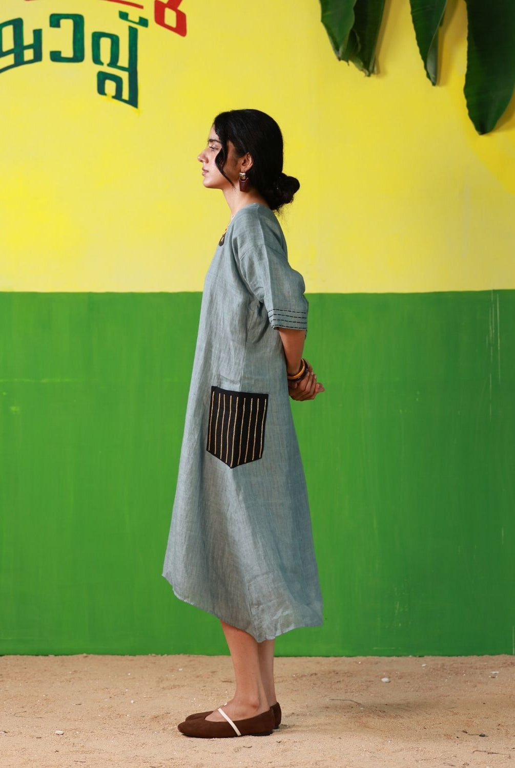 Winglore - Hand Embroidered Oil Blue Linen Kaftan Dress - CiceroniDressesWinglore