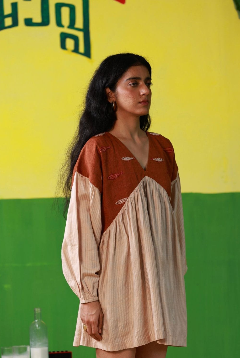 Winglore - Hand Embroidered Sardines Linen V-Neck Dress - CiceroniDressesWinglore