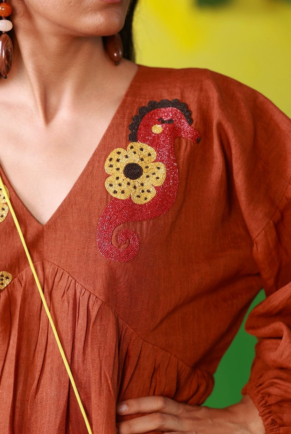 Winglore - Hand Embroidered Seahorses Linen V-Neck Dress - CiceroniDressesWinglore
