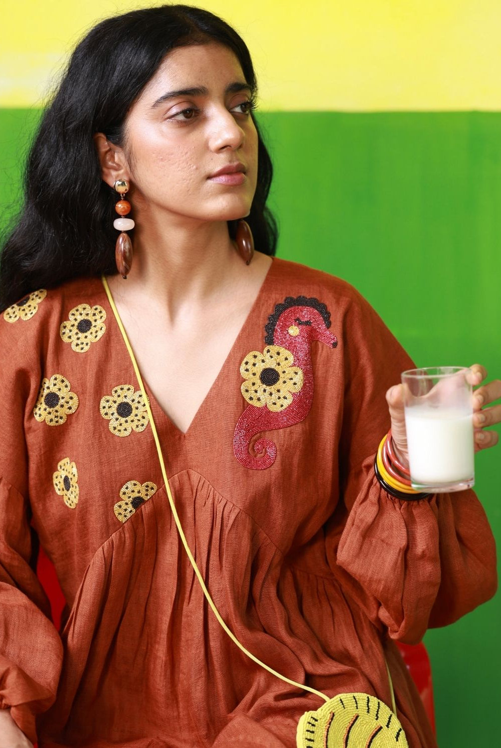 Winglore - Hand Embroidered Seahorses Linen V-Neck Dress - CiceroniDressesWinglore