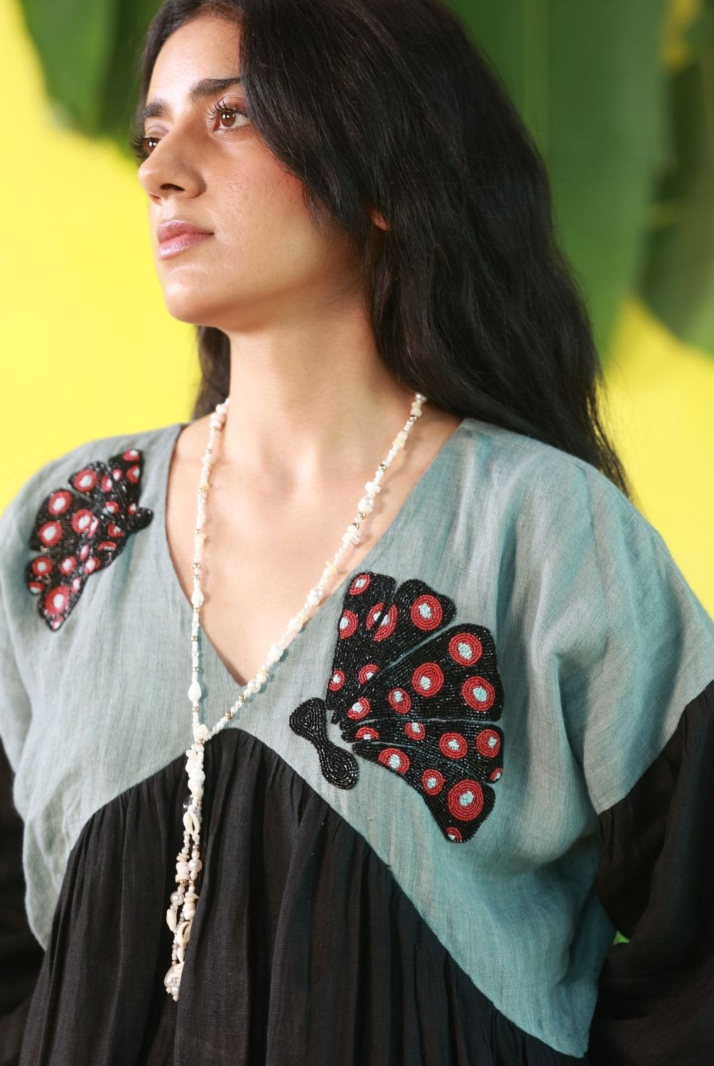 Winglore - Hand Embroidered Shell Linen V-Neck Dress - CiceroniDressesWinglore