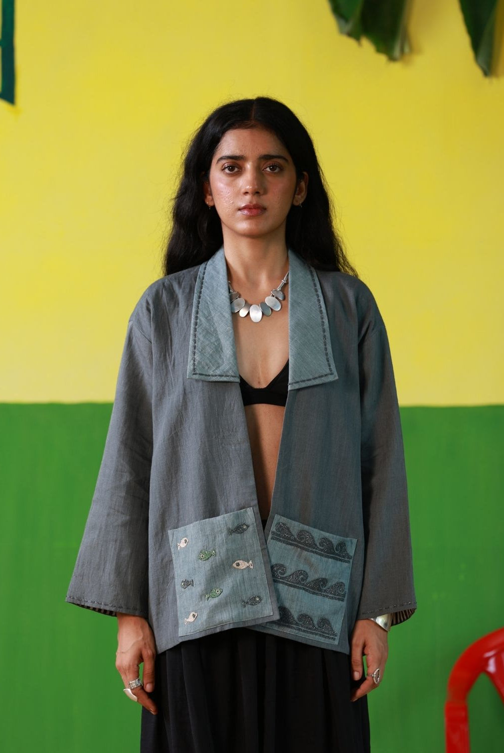 Winglore - Hand Embroidered Waves Linen Unisex Kimono Jacket - CiceroniJacketWinglore