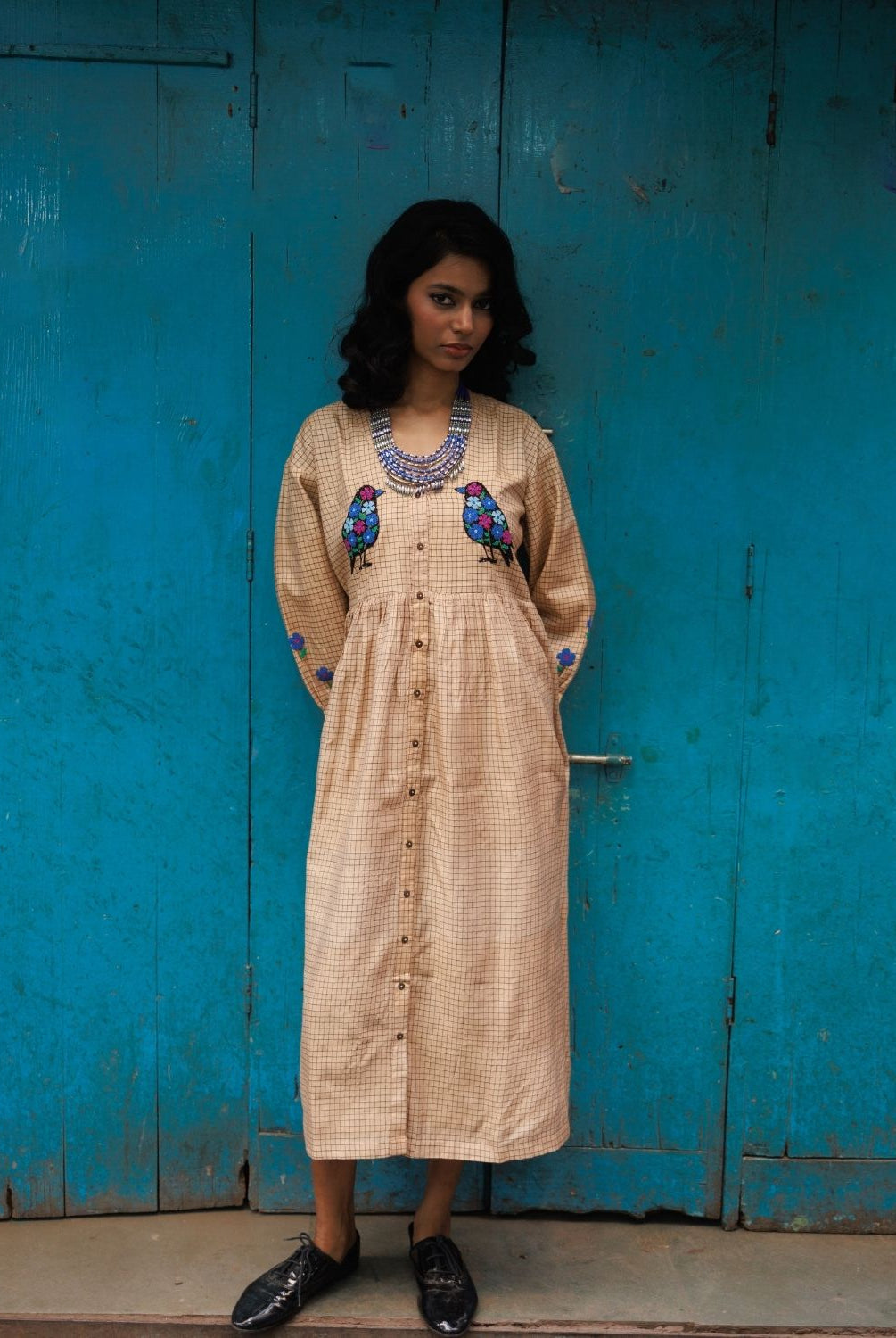 Winglore - Hand Emrbroidered Kosa Silk Birds Empire-line dress - CiceroniDressesWinglore