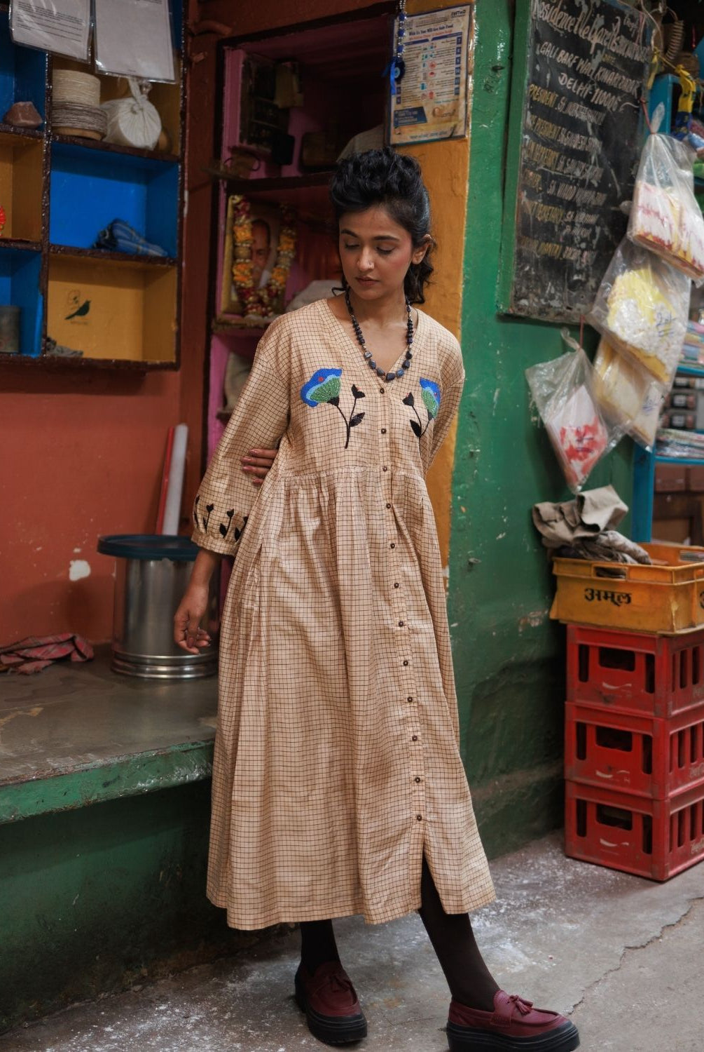 Winglore - Hand Emrbroidered Kosa Silk Blue Poppy Empire-line dress - CiceroniDressesWinglore