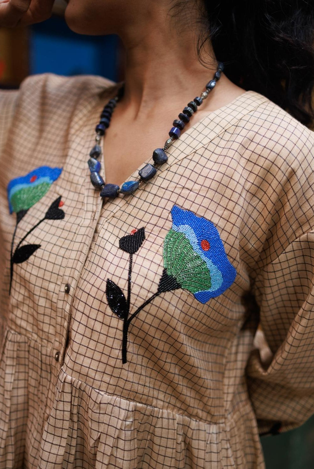 Winglore - Hand Emrbroidered Kosa Silk Blue Poppy Empire-line dress - CiceroniDressesWinglore