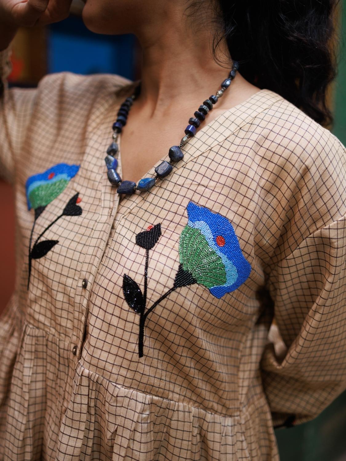 Winglore - Hand Emrbroidered Kosa Silk Blue Poppy Empire-line dress - CiceroniDressesWinglore