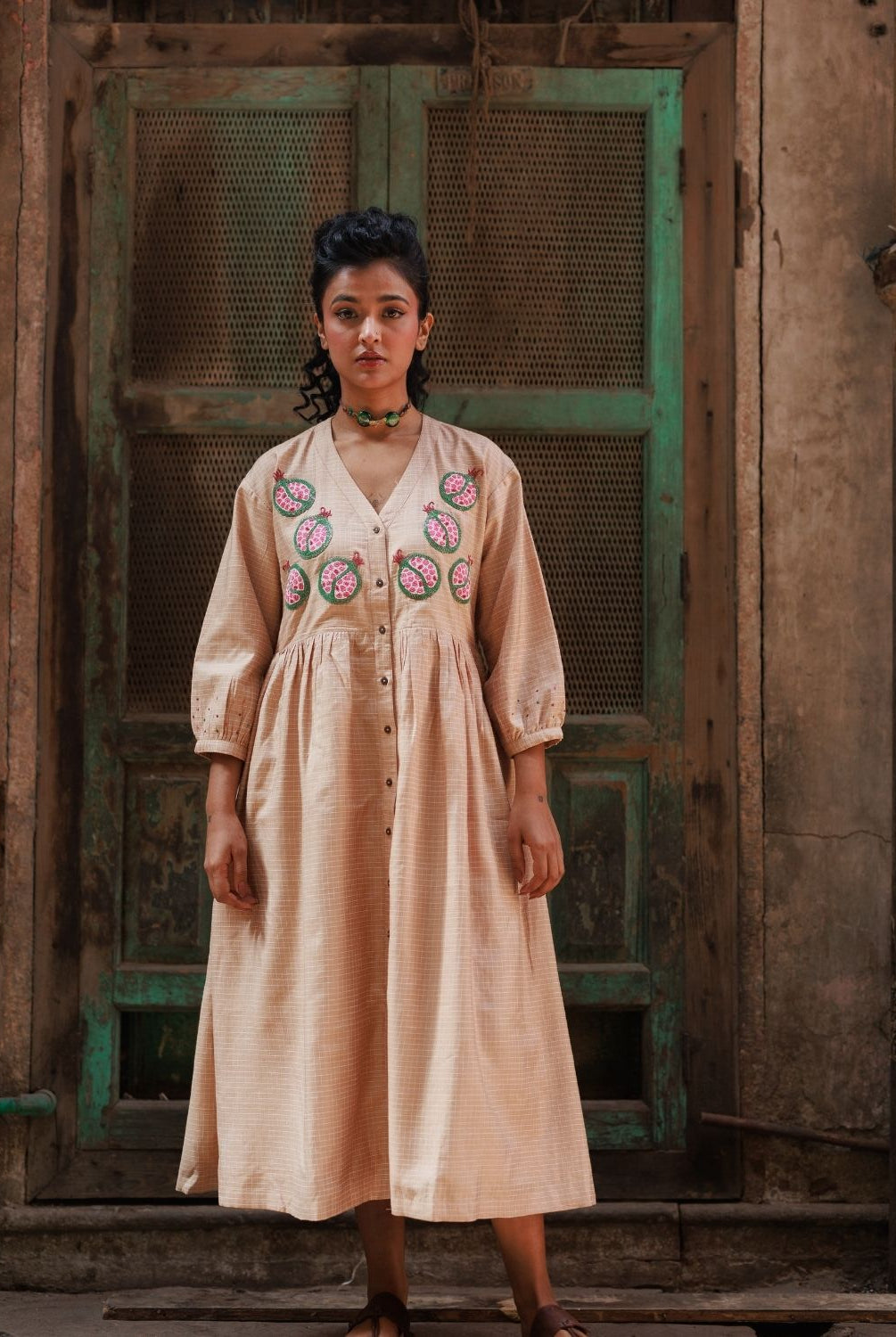 Winglore - Hand Emrbroidered Kosa Silk pomegranate Empire-line dress - CiceroniDressesWinglore