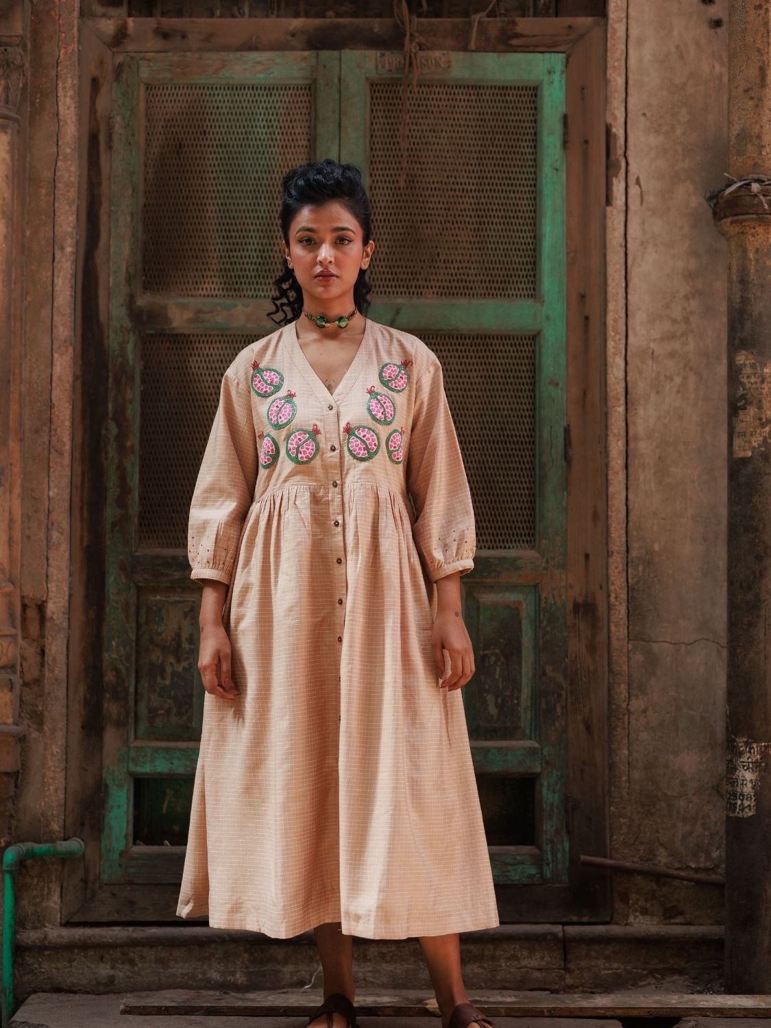 Winglore - Hand Emrbroidered Kosa Silk pomegranate Empire-line dress - CiceroniDressesWinglore