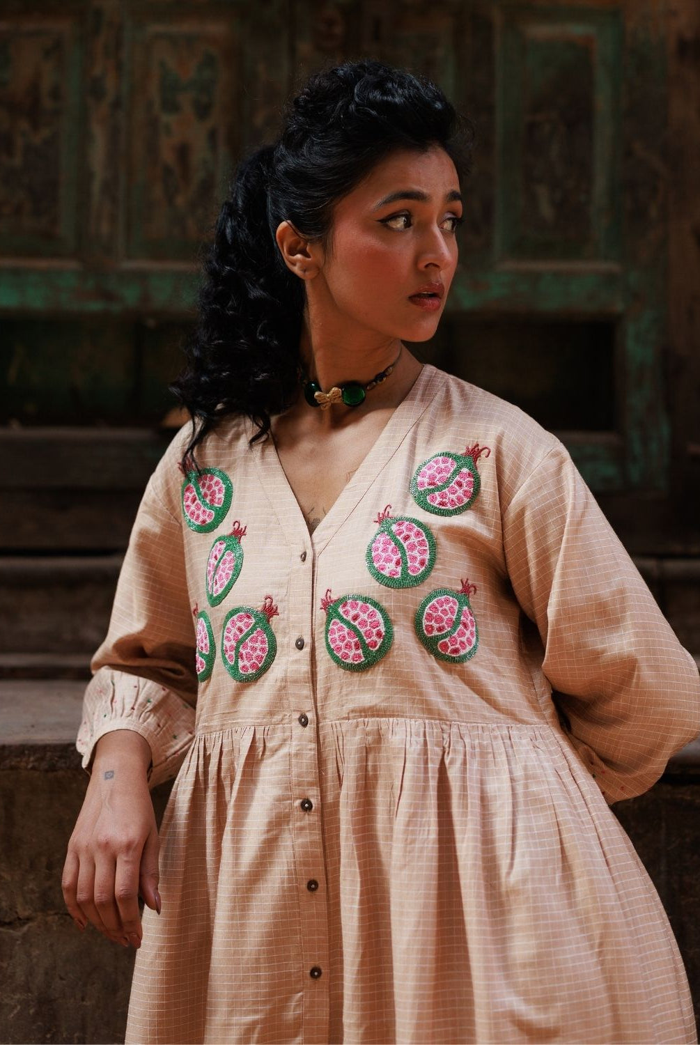 Winglore - Hand Emrbroidered Kosa Silk pomegranate Empire-line dress - CiceroniDressesWinglore