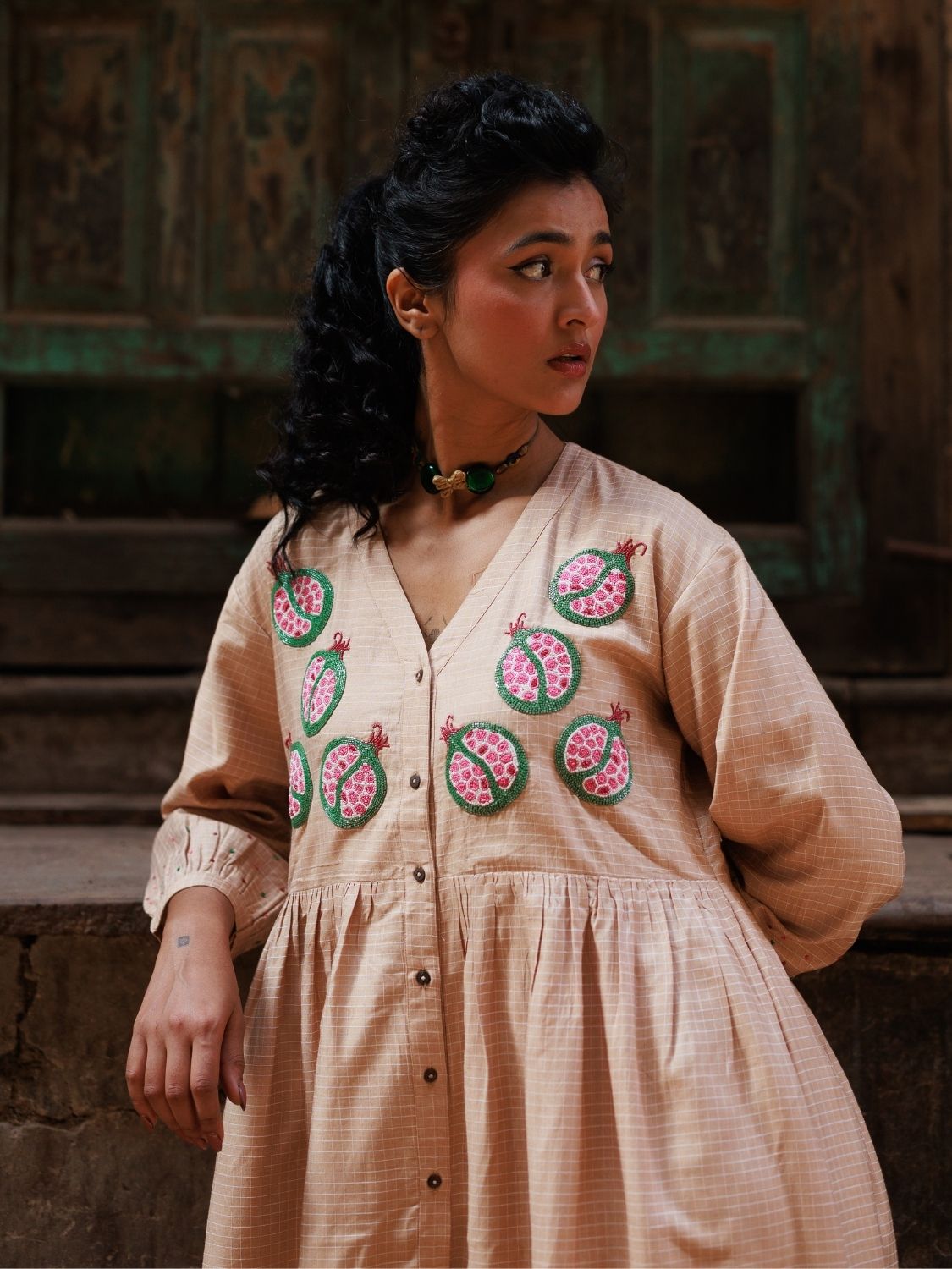 Winglore - Hand Emrbroidered Kosa Silk pomegranate Empire-line dress - CiceroniDressesWinglore