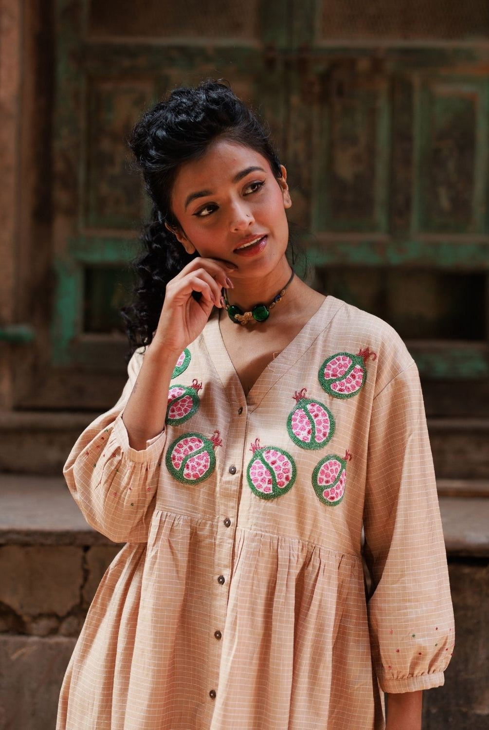 Winglore - Hand Emrbroidered Kosa Silk pomegranate Empire-line dress - CiceroniDressesWinglore