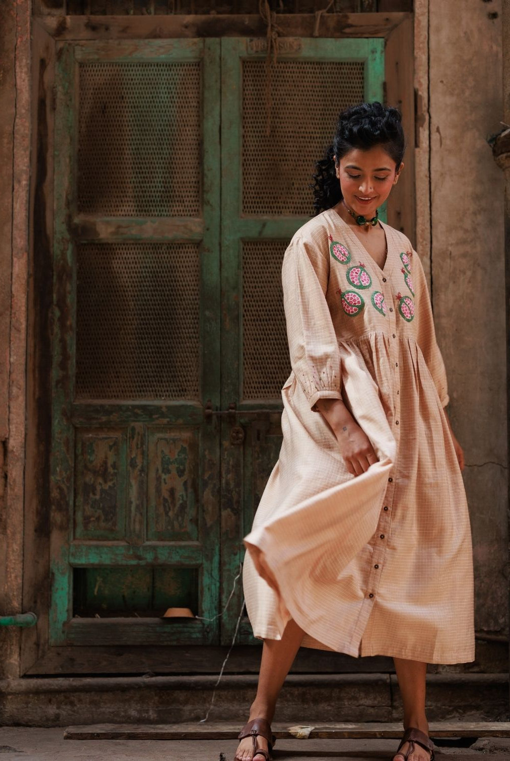 Winglore - Hand Emrbroidered Kosa Silk pomegranate Empire-line dress - CiceroniDressesWinglore