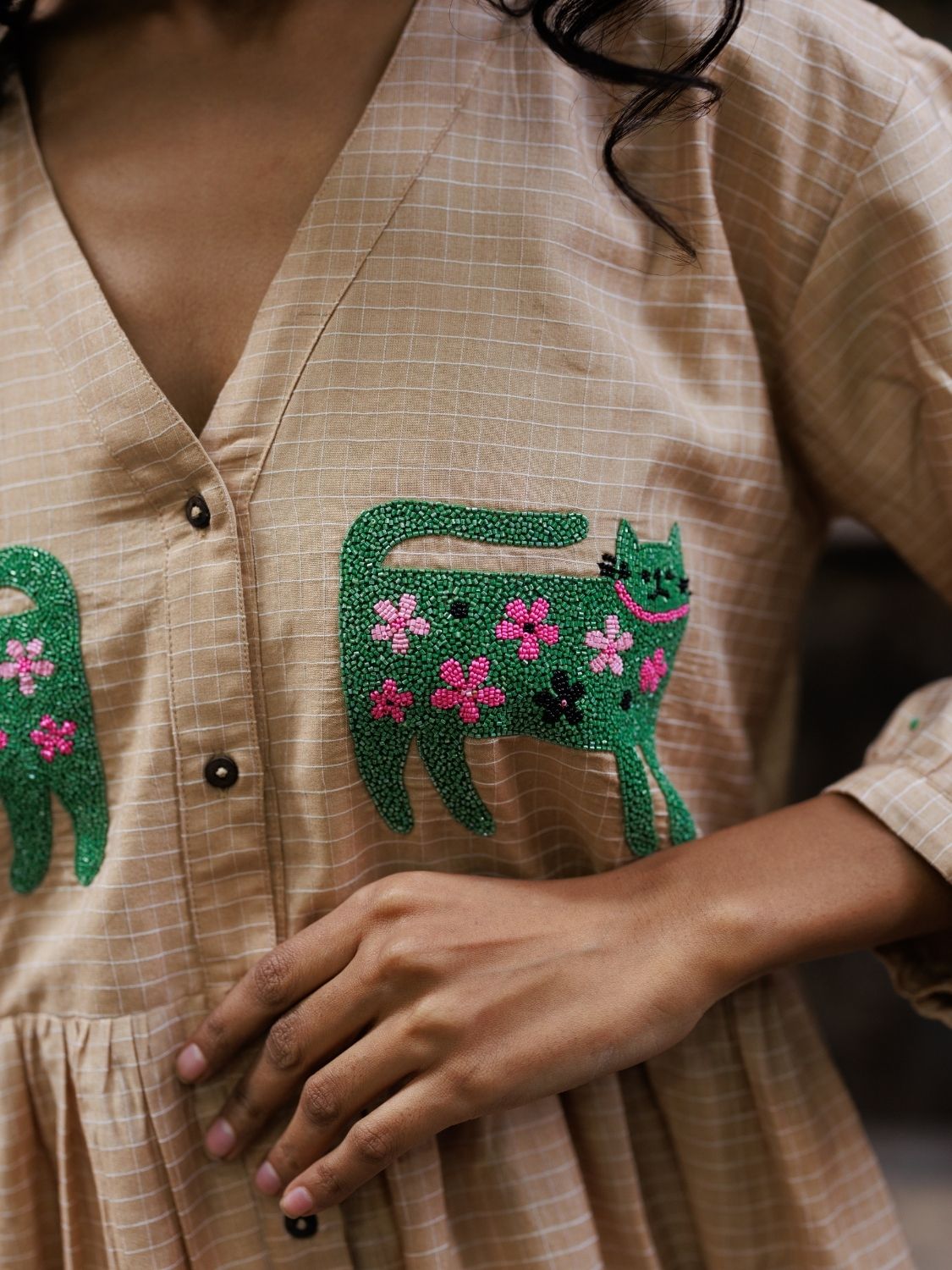 Winglore - Hand Emrbroidered Kosa Silk Quirky Cats Empire-line dress - CiceroniDressesWinglore
