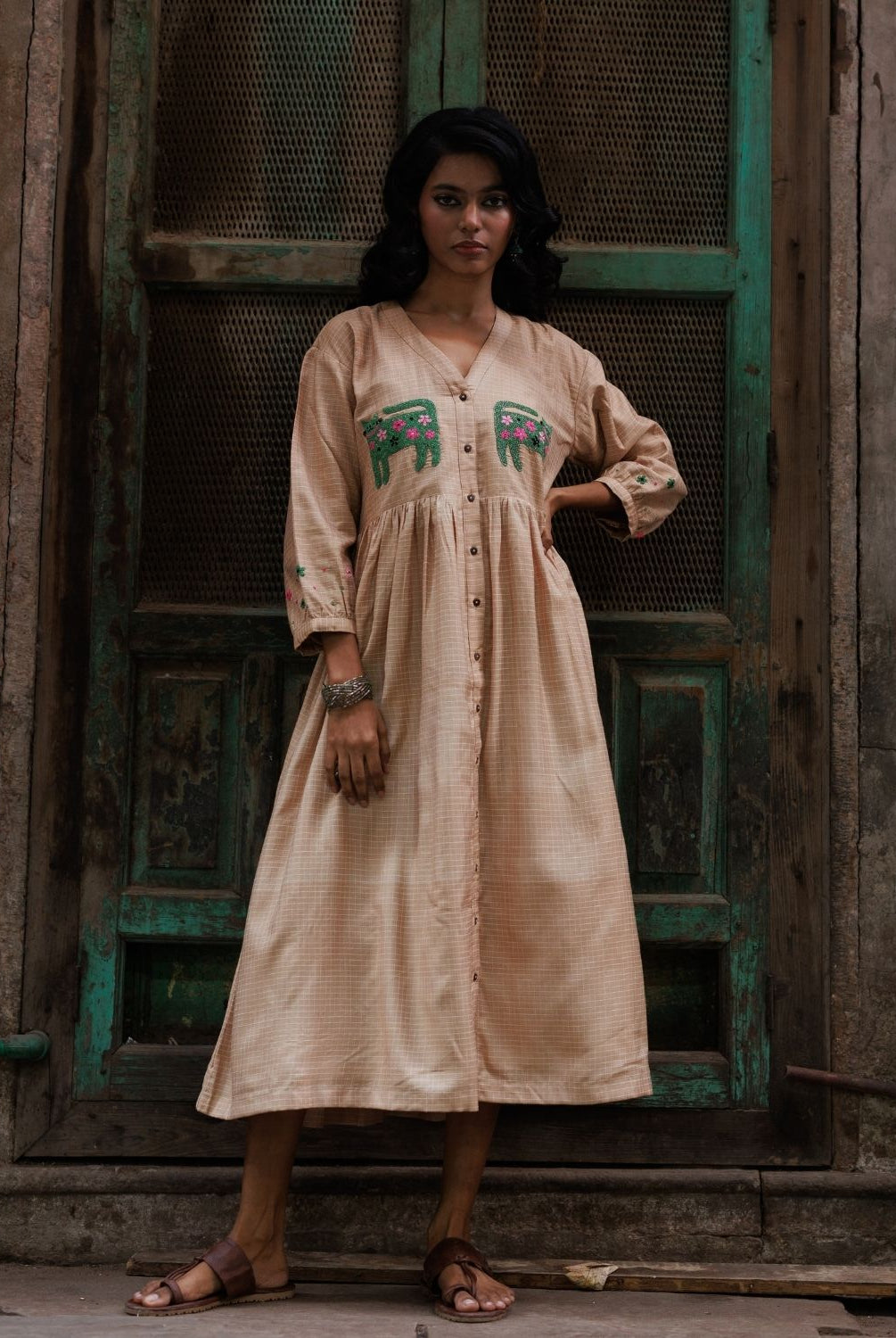 Winglore - Hand Emrbroidered Kosa Silk Quirky Cats Empire-line dress - CiceroniDressesWinglore