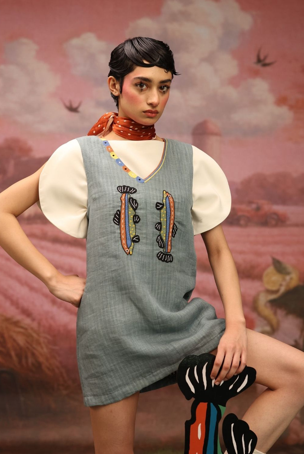 Winglore - Oil Blue Linen Hand Embroidered Fish Short Dress - CiceroniDressesWinglore