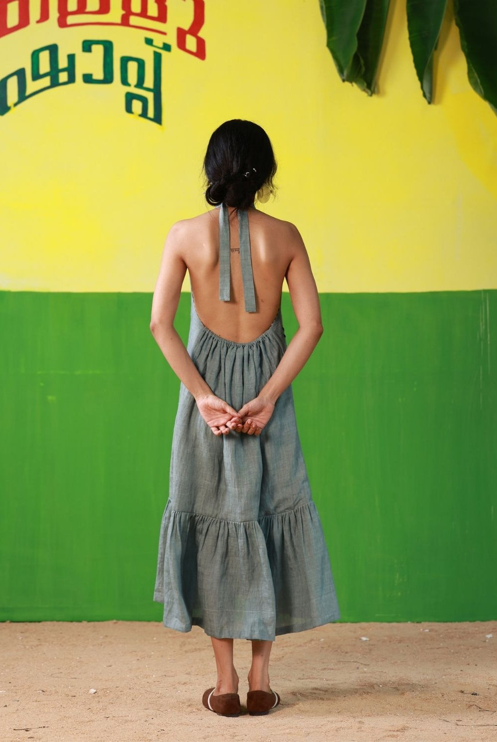Winglore - Oil Blue Linen Hand Embroidered Halter Tent Dress - CiceroniDressesWinglore