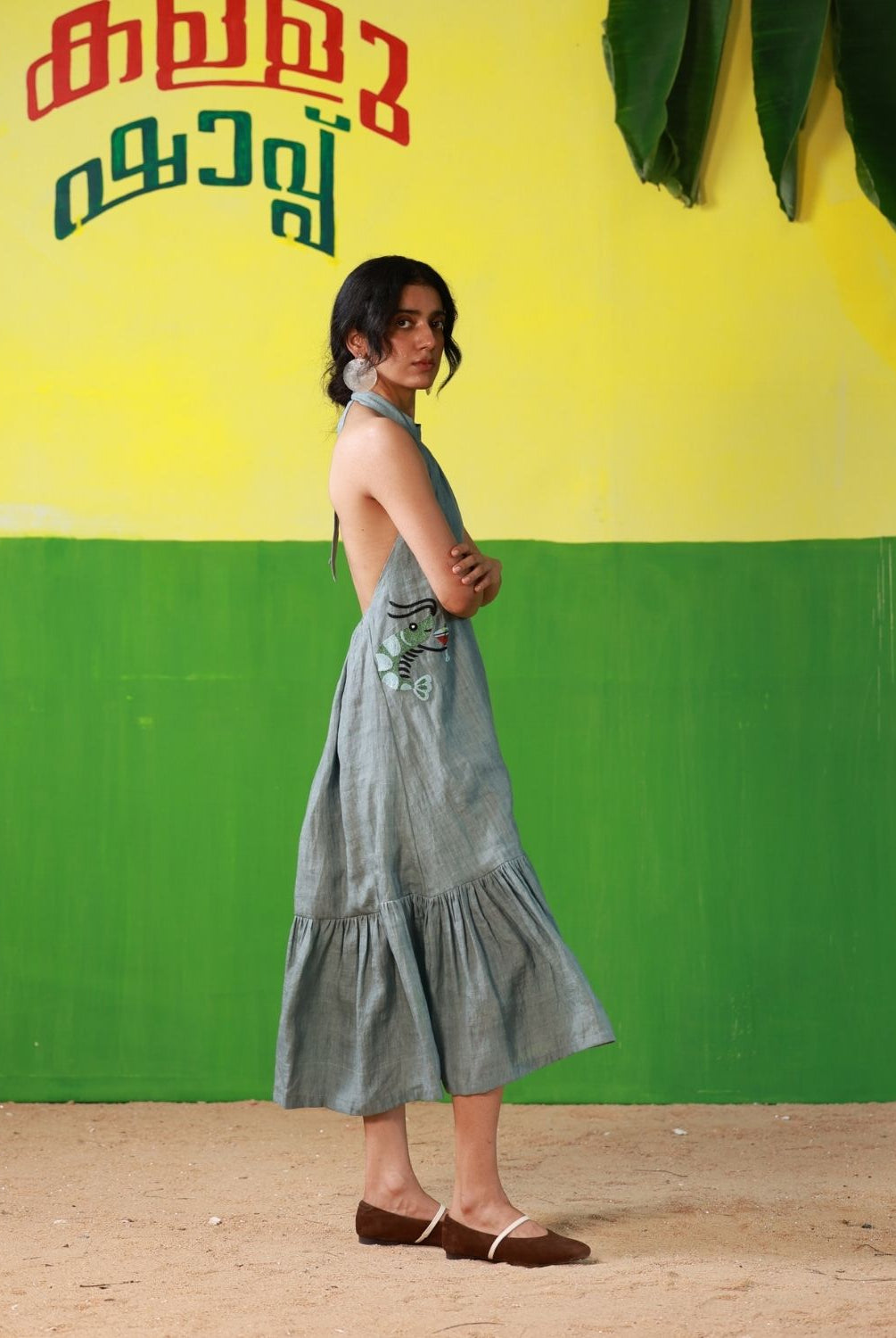 Winglore - Oil Blue Linen Hand Embroidered Halter Tent Dress - CiceroniDressesWinglore