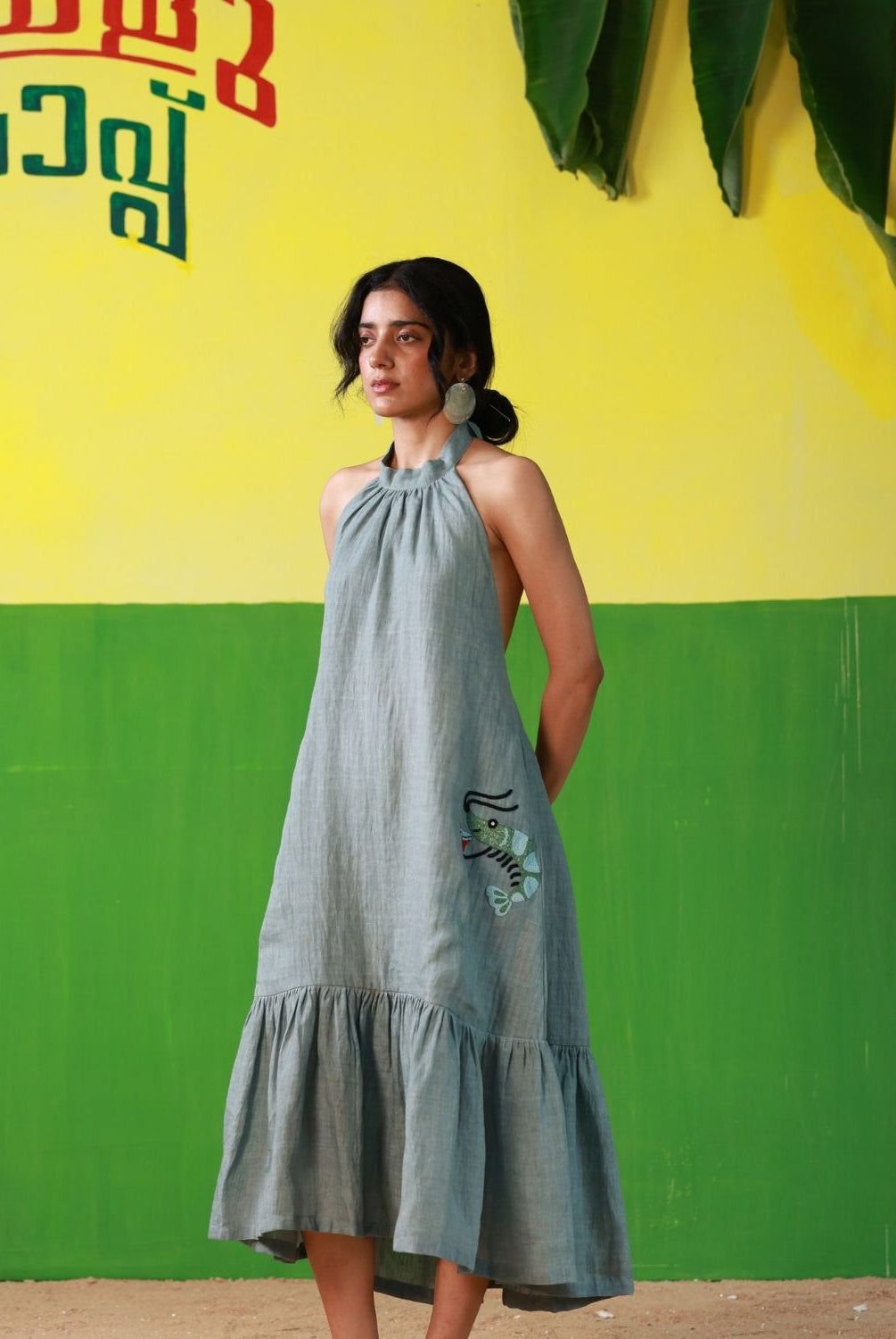 Winglore - Oil Blue Linen Hand Embroidered Halter Tent Dress - CiceroniDressesWinglore