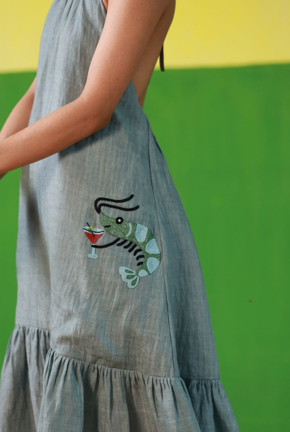 Winglore - Oil Blue Linen Hand Embroidered Halter Tent Dress - CiceroniDressesWinglore