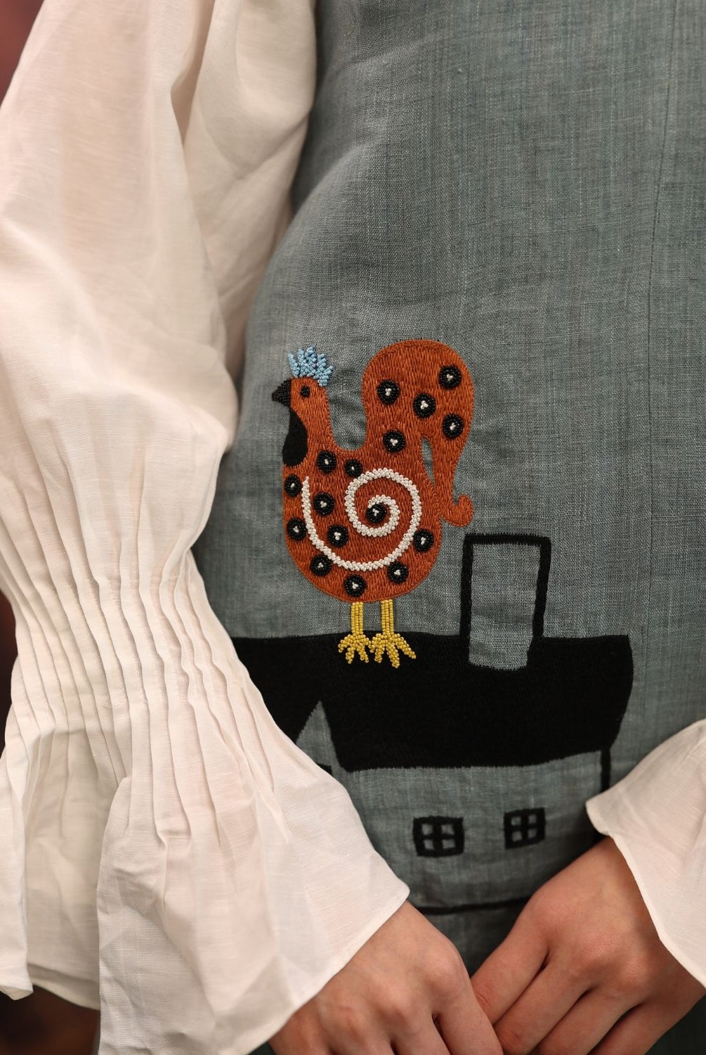 Winglore - Oil Blue Linen Hand Embroidered Roof & Roost Short Dress - CiceroniDressesWinglore