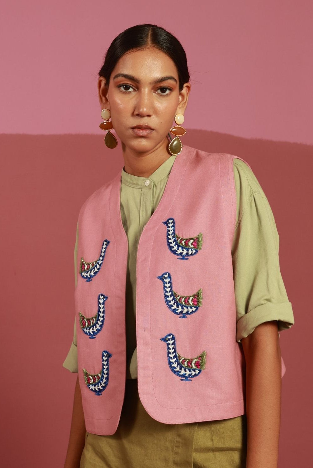 Winglore - Pink Doves Hand Embroidered Gilet - CiceroniJacketsWinglore