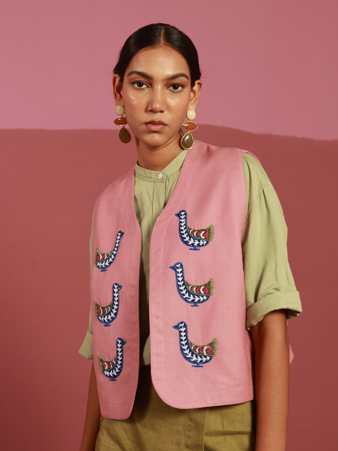 Winglore - Pink Doves Hand Embroidered Gilet - CiceroniJacketsWinglore