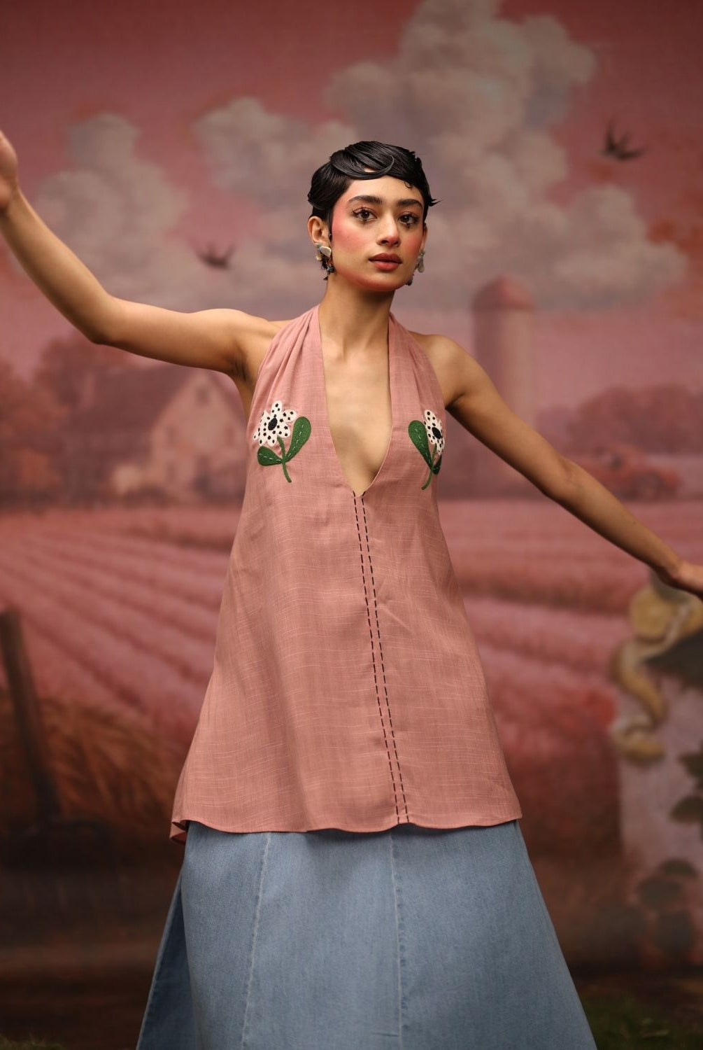 Winglore - Pink Hand Embroiderd Slub Cotton Flowers Tunic Halter Top - CiceroniTopsWinglore