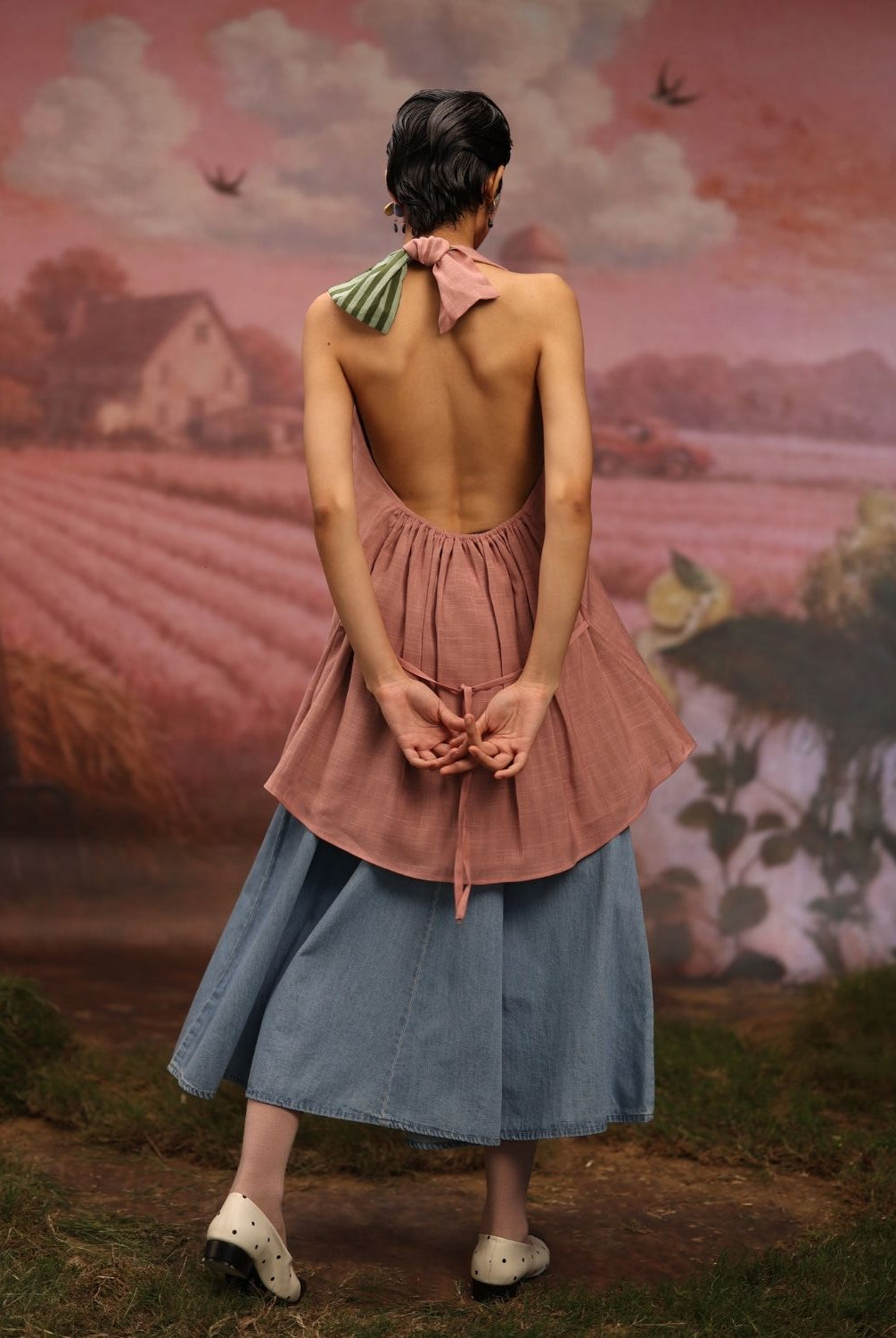 Winglore - Pink Hand Embroiderd Slub Cotton Flowers Tunic Halter Top - CiceroniTopsWinglore
