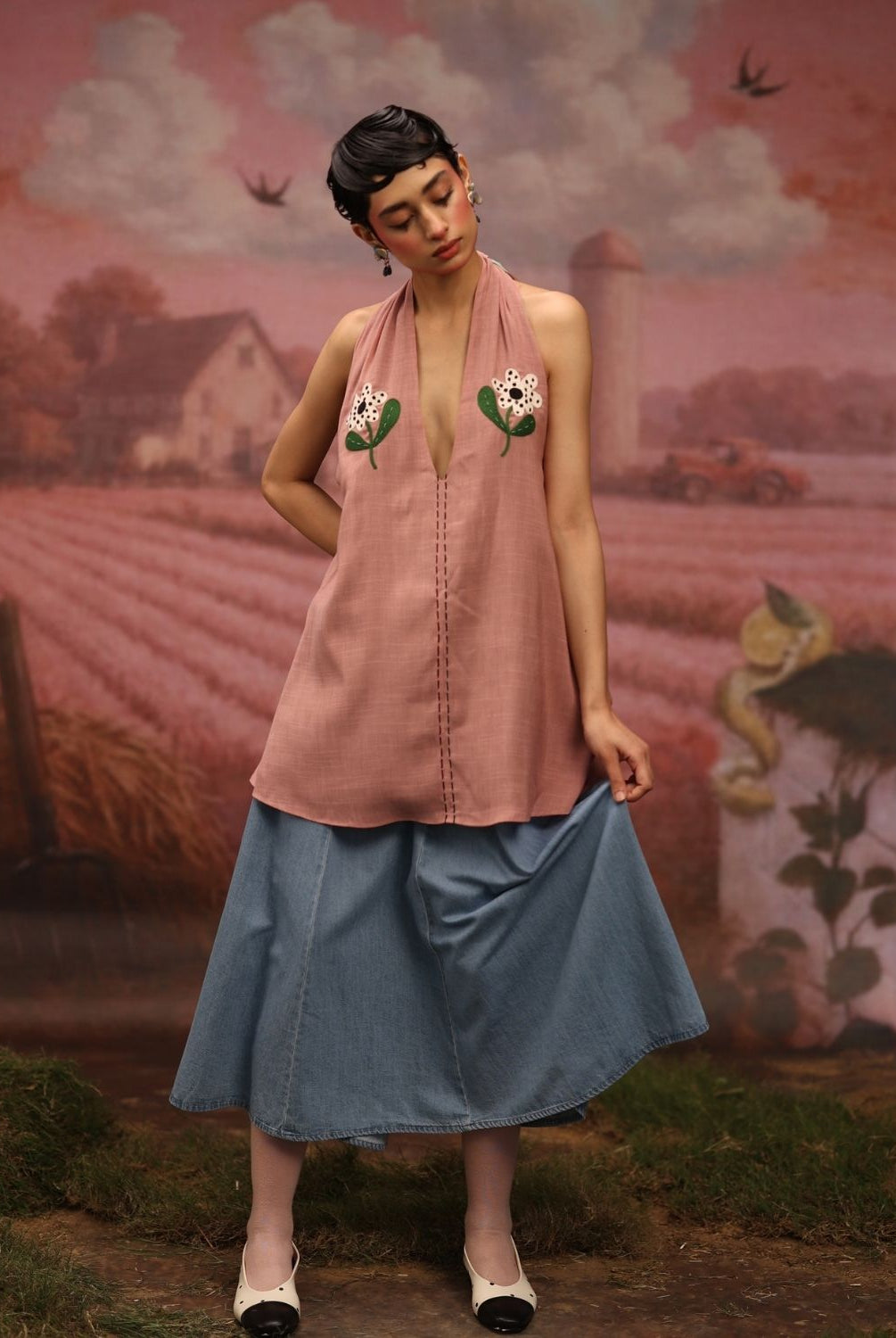 Winglore - Pink Hand Embroiderd Slub Cotton Flowers Tunic Halter Top - CiceroniTopsWinglore
