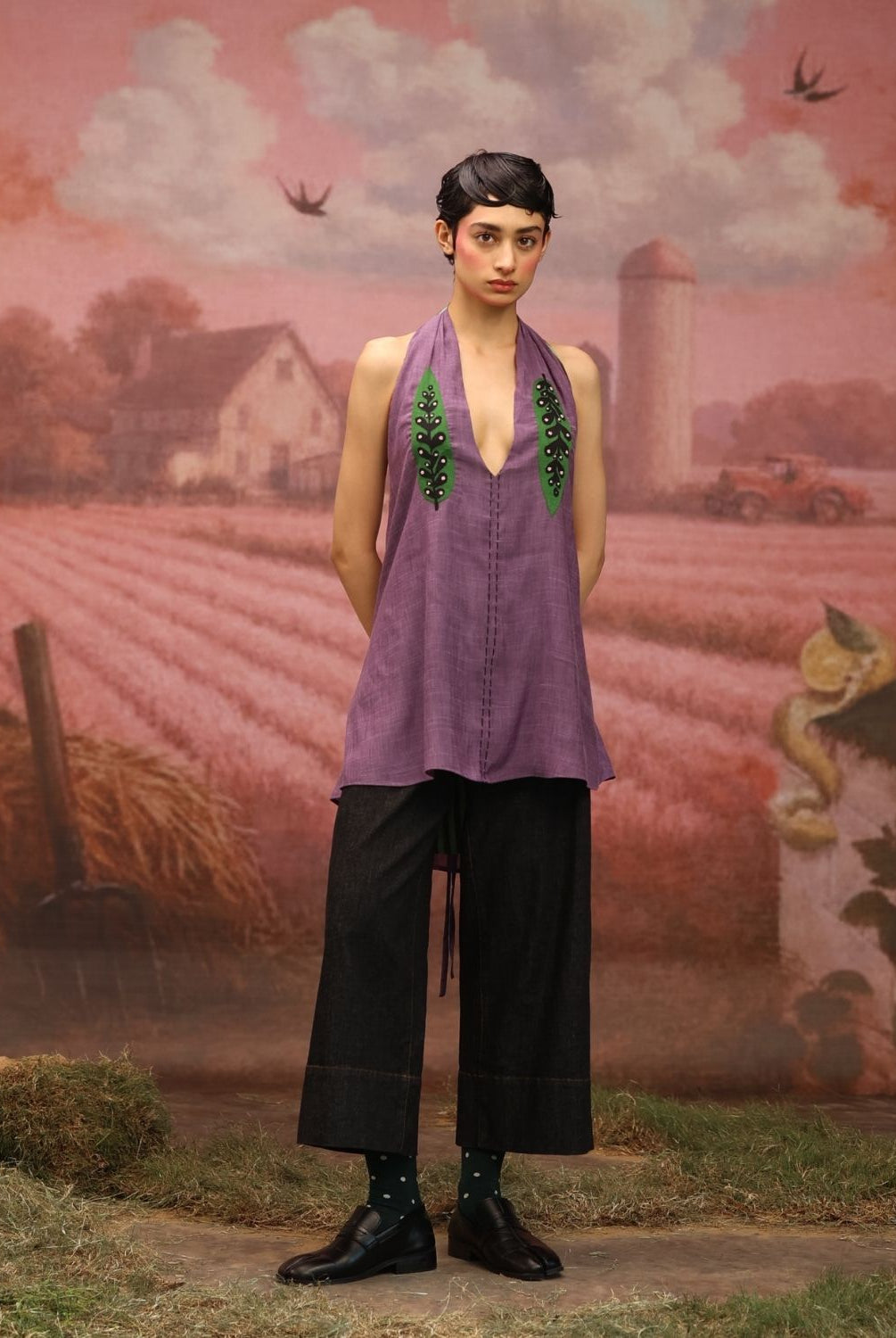Winglore - Purple Hand Embroiderd Slub Cotton Leaf Tunic Halter Top - CiceroniTopsWinglore
