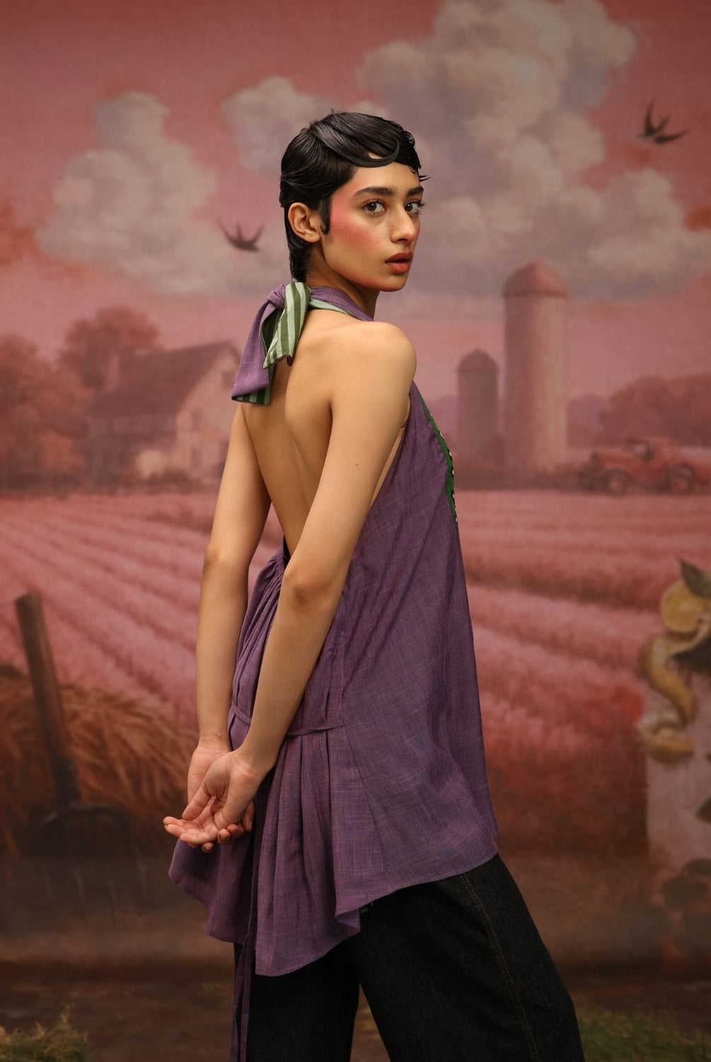 Winglore - Purple Hand Embroiderd Slub Cotton Leaf Tunic Halter Top - CiceroniTopsWinglore