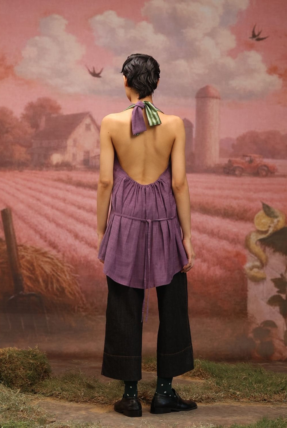 Winglore - Purple Hand Embroiderd Slub Cotton Leaf Tunic Halter Top - CiceroniTopsWinglore