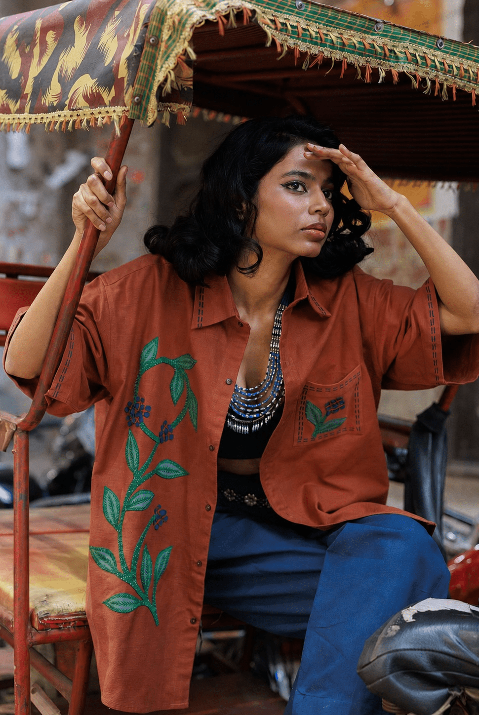 Winglore - Rust Appliqué Hand Embroiderd Pure Linen Vine Oversized Shirt - CiceroniUnisex ShirtsWinglore