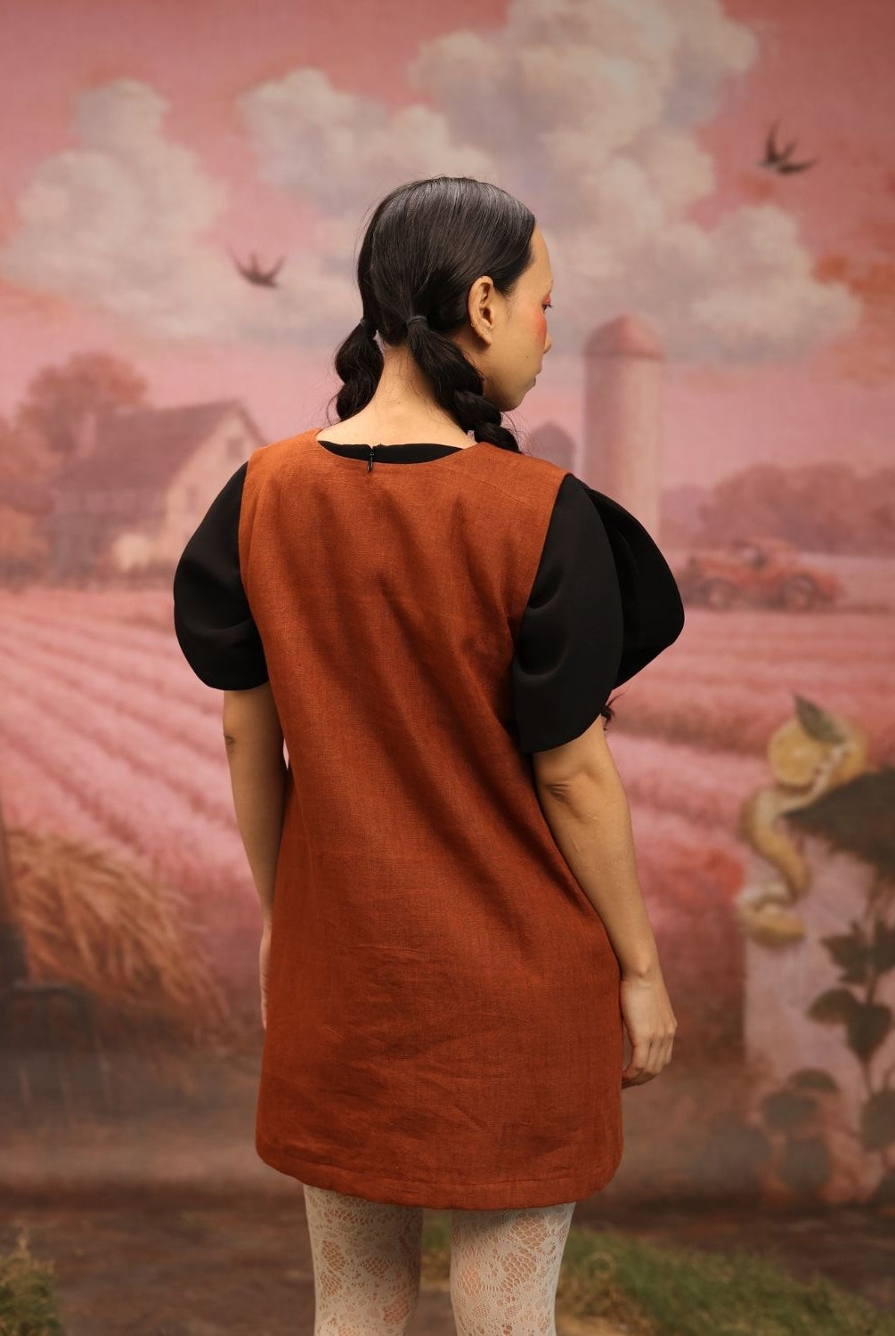 Winglore - Rust Linen Hand Embroidered Butterfly Short Dress - CiceroniDressesWinglore
