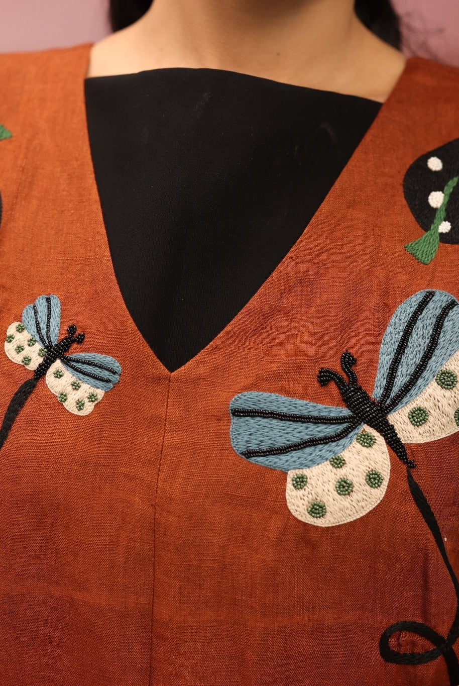 Winglore - Rust Linen Hand Embroidered Butterfly Short Dress - CiceroniDressesWinglore