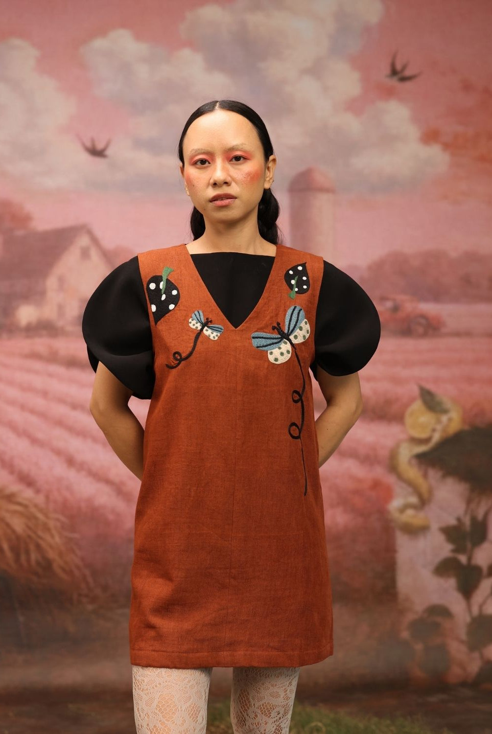 Winglore - Rust Linen Hand Embroidered Butterfly Short Dress - CiceroniDressesWinglore