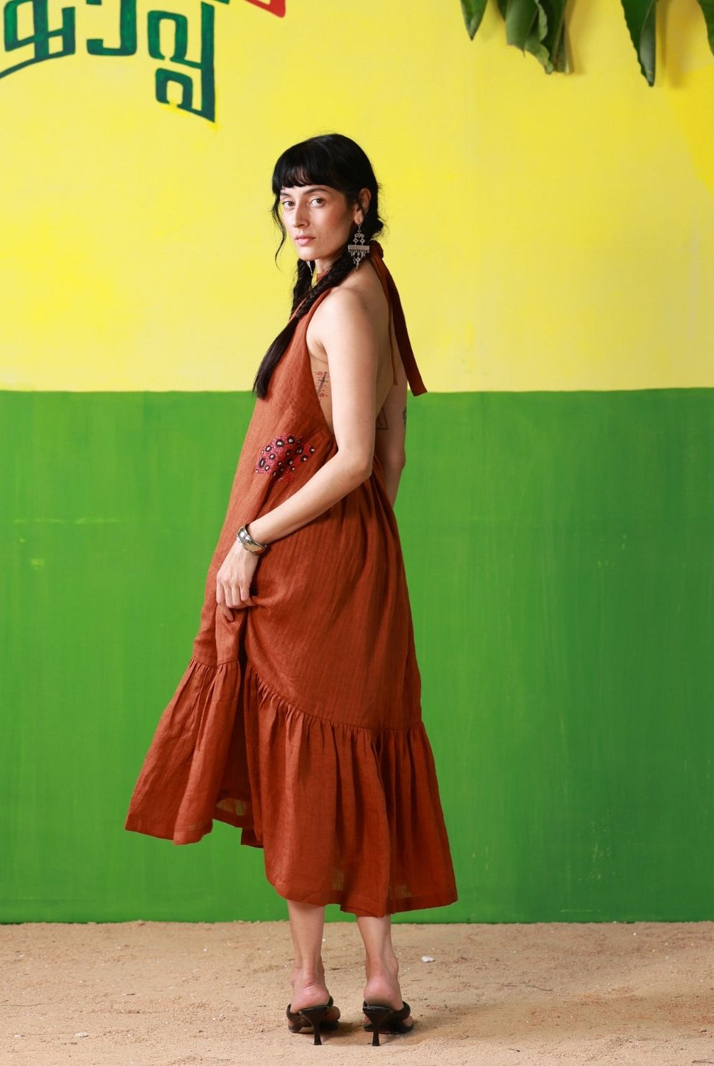 Winglore - Rust Linen Hand Embroidered Halter Tent Dress - CiceroniDressesWinglore