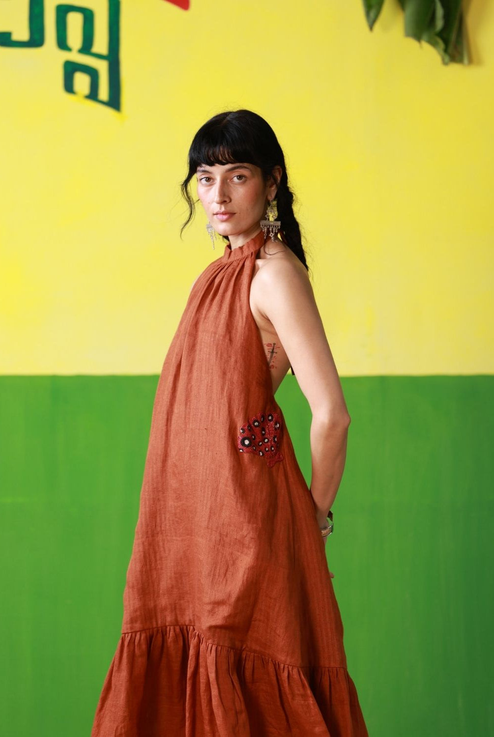 Winglore - Rust Linen Hand Embroidered Halter Tent Dress - CiceroniDressesWinglore