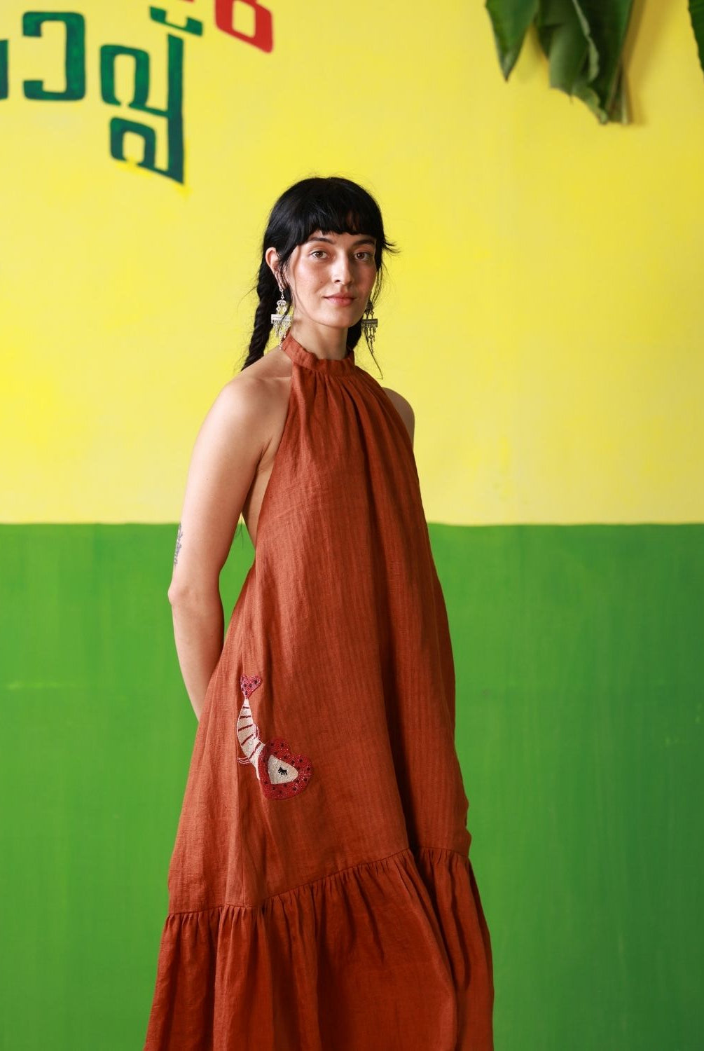 Winglore - Rust Linen Hand Embroidered Halter Tent Dress - CiceroniDressesWinglore