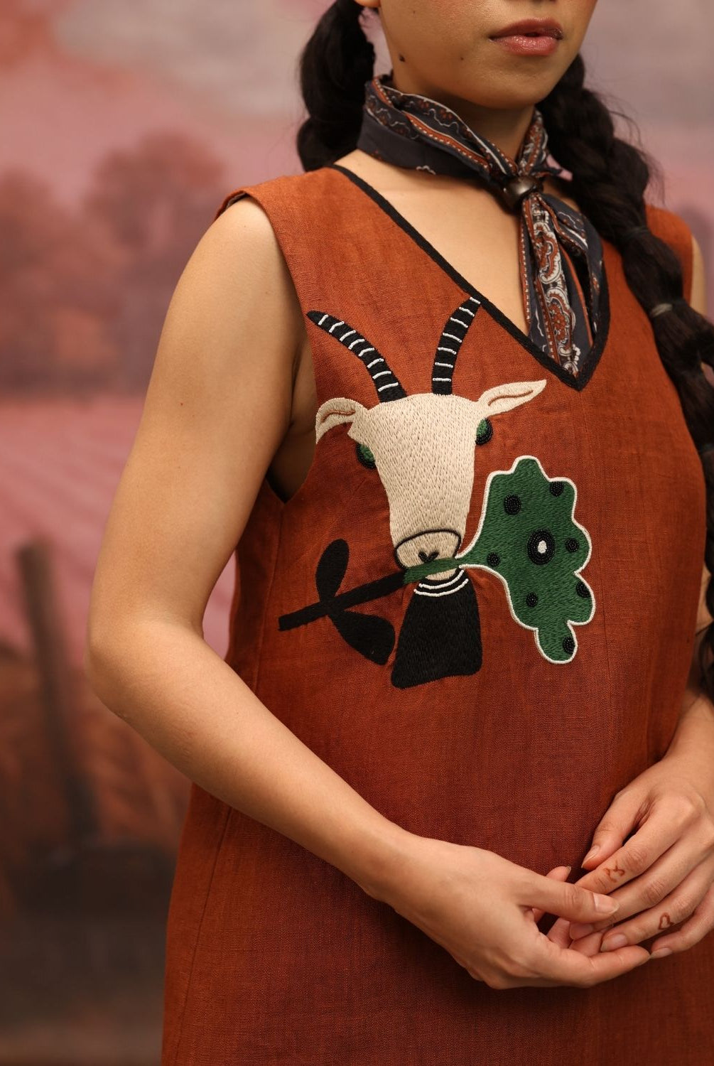 Winglore - Rust Linen Hand Embroidered Petal Grazer Short Dress - CiceroniDressesWinglore