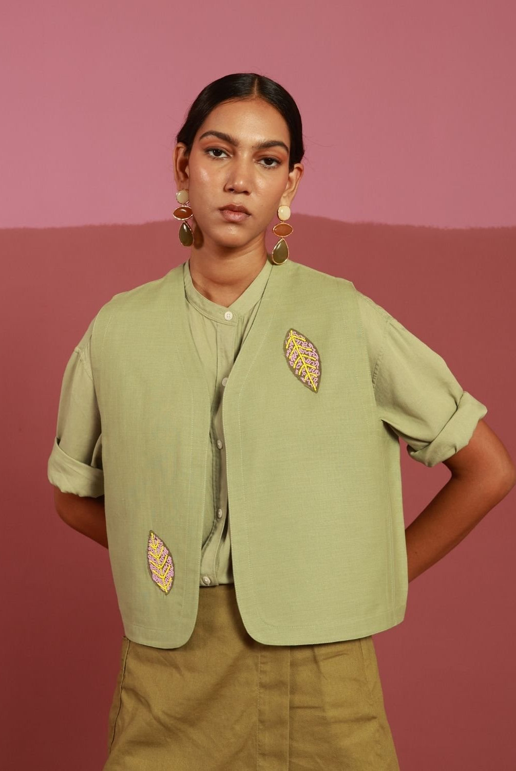 Winglore - Sage Green Leaf it On Hand Embroidered Gilet - CiceroniJacketsWinglore